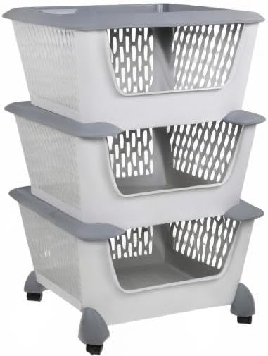Gray Plastic Stacking Organizer Basket with Wheels, 3-Tier Multi-function Stackable Storage Basket