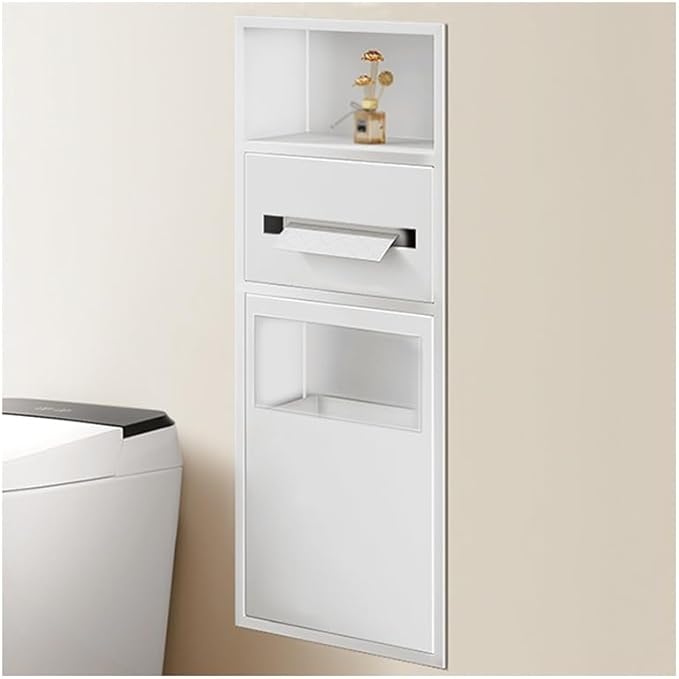 Double-Tier Waterproof Stainless Steel Shower Organizer with Trash Can - 63x20x13.5cm Recessed Bathroom Shelf for Efficient Storage Solutions, Space-Saving Design, White