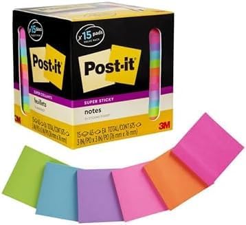 Post-it Super Sticky Notes, Assorted Bright Colors, 3x3 in, 15 Pads, 45 Sheets/Pad, 2X The Sticking Power, Recyclable, Multi-Color (Pack of 6)