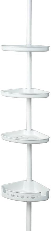 4-Tier Tension Corner Shower Caddy, White Steel Pole, Adjustable 60-96 Inches, 3 Shelves with Deep Basket, Rust-Resistant Finish