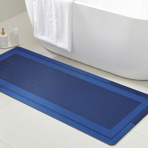 Ultra Thin Bath Mat, Upgrade Backing Non Slip Thin Bath Mats Fit Under Door, Quick Dry Ultra Absorbent Bathroom Rugs, Machine Washable Bath Rugs for Bathroom, Bathtub, Dark Blue/Bordered/60"x20"