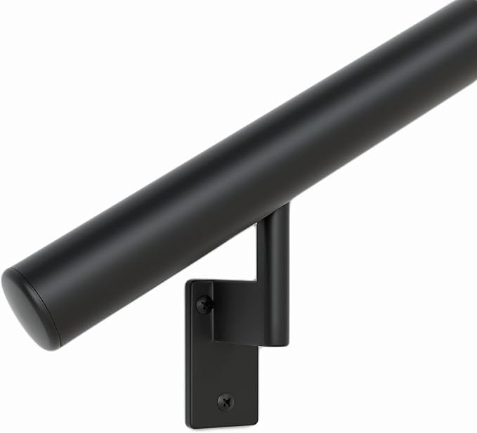 Promenaid 10ft Flush Handrail Kit - Satin Black - Complete Indoor/Outdoor Handrail for Stairs - 1.6" Round Anodized Aluminum Railing with 4 Satin Black Painted Pivoting Wall Brackets & Flush Endcaps