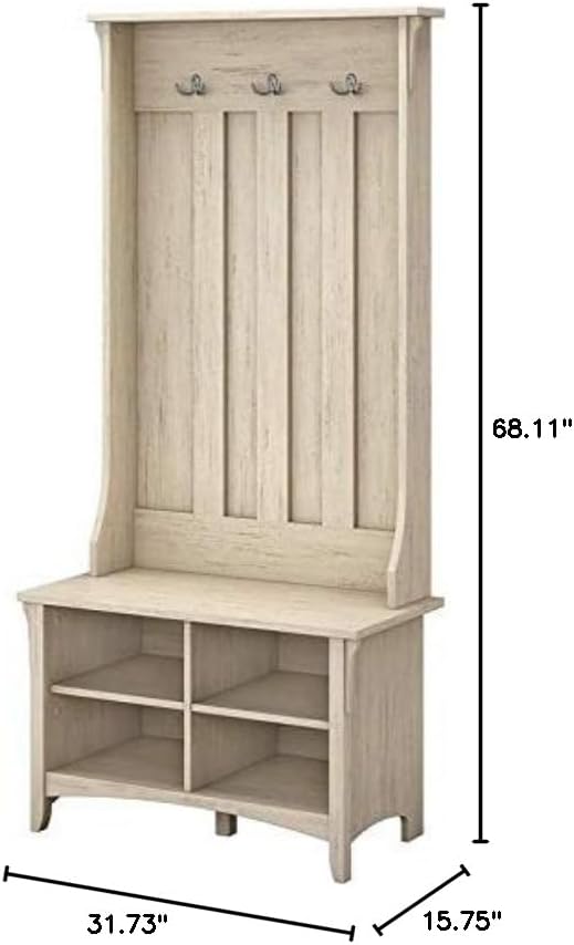 Bush Furniture Salinas Hall Tree with Shoe Storage Bench in Antique White, Multi-Purpose Home Organizer, Entryway Solution with Seating and Hooks