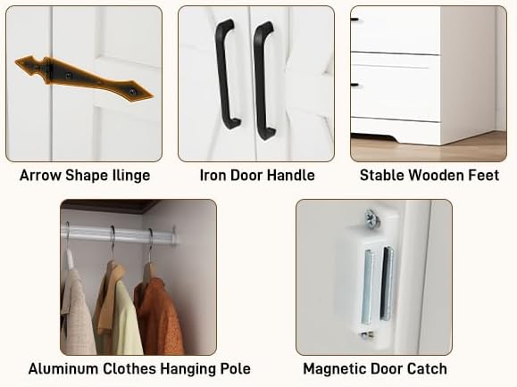 7 Doors Wardrobe Armoire Closet with Doors and Drawers, Farmhouse Wooden Armoire Storage Cabinet with Shelves & Hanging Rod for Bedroom, White