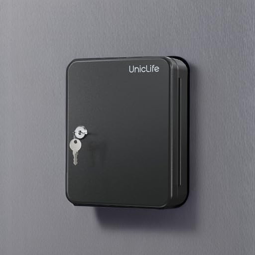 Uniclife Steel Key Cabinet Wall Mounted Organizer - 28 Keys, 2 Unlocking Keys - Black Frosted Security Box with Hooks and Color-Coded Labels