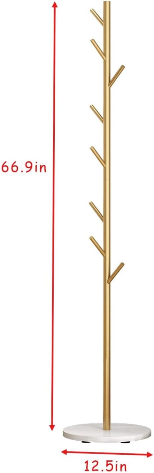 Gold Coat Rack Freestanding, Metal Coat Tree with Marble Base, Coat Rack Stand with 8 Hooks, Entryway Coat Stand for Hanging Clothes, Hats, Bags