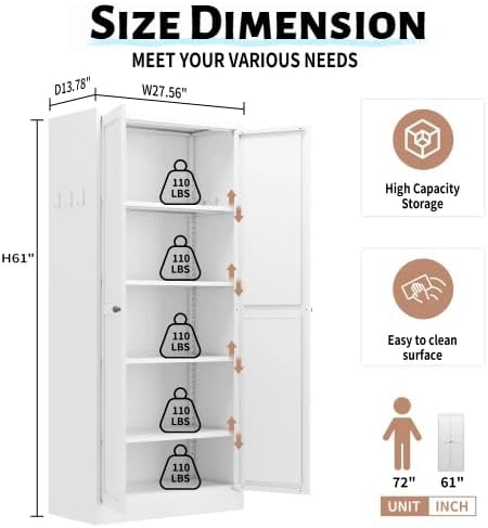 61'' Storage Cabinet, 4 Adjustable Shelves Kitchen Pantry with 2 Doors, Tall White Metal Storage Cabinet with External Hooks, Heavy-Duty Farmhouse Pantry for Kitchen Living Room