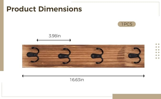 Key Holder Wall Mount, Solid Wood Organizer Shelf, Four Double Hooks, Vertical Entryway Storage for Keys, Mail, Leashes, Rustic Farmhouse Style Home Decor