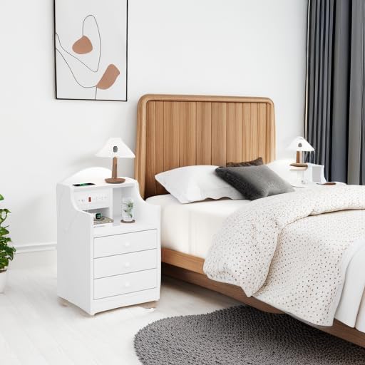 ADORNEVE Night Stand Set 2,White Nightstand with Charging Station & Hutch,Night Stands for Bedrooms Set of 2,Bedside Table with Drawers