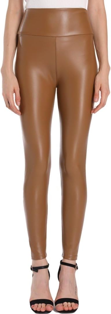 Ginasy Faux Leather Leggings for Women Tummy Control Stretch High Waist Pleather Pants with Thin Fleece Lined