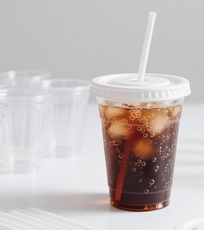 24 oz 100 Pack Disposable Clear Plastic Cups with Lids and Straws, Food Safe Bulk Iced Coffee Cups for Smoothies, Milkshakes and Other Cold Drinks