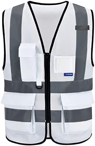 A-SAFETY Hi Reflective Safety Vest,Hi Vis Bright Neon Colors Safety Vest with 4 Reflective Strips 7 Pockets(White XXXL)