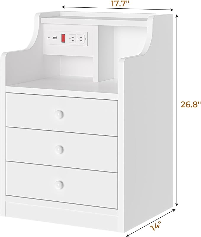 ADORNEVE Nightstand with Charging Station,White Night Stand with Hutch,Bedside Table with Drawers,Bed Side Table with Storage