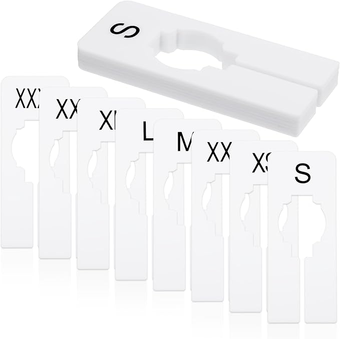 8 Pcs White Rectangular Size Separators Closet Dividers for Hanging Plastic Clothing Rack Dividers with Printed Sizes Clothing Rack Size Divider Reusable Closets Separators Label Preprinted in 8 Sizes