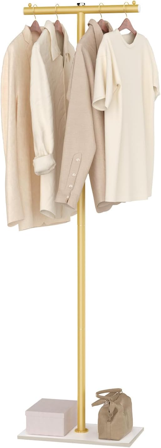 T-shaped Coat Rack Freestanding, Modern Clothes Rack with Rock Slab Base, Heavy-duty Metal Coat Tree for Boutiques, Hallway, Entryway, 68.9 Inches High, Golden Yellow, GYJ001WJ