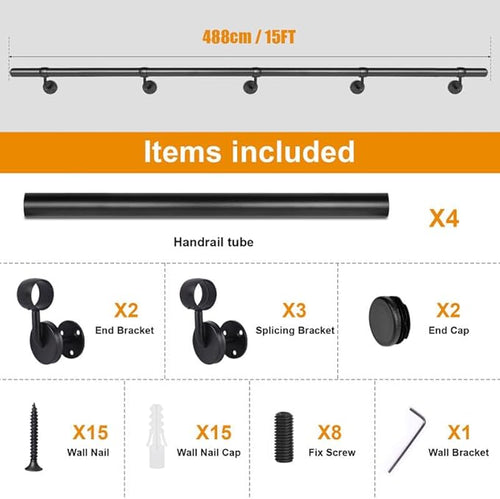 15Ft Industrial Metal Stairs Handrail Kit, Sturdy Wall Mount Aluminum Hand Rail, Indoor Outdoor Stair Railing Wood Concrete Brick Wall,1.5 in Round Pipe Grab Bar, Matte Black-15FT