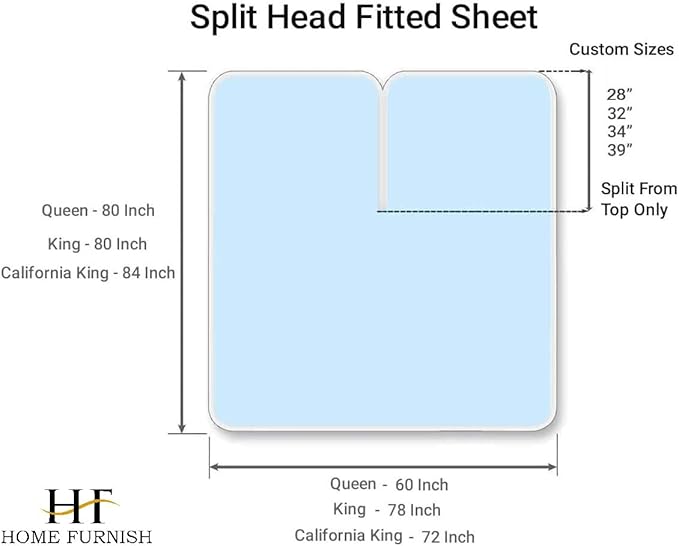 Top Split King Fitted Sheet Only for Adjustable beds, Split Down 32 inches from The Top, 600 Thread Count 100% Cotton Half Split Flex Head Fitted Sheet for Sleep Number Beds, Light Blue