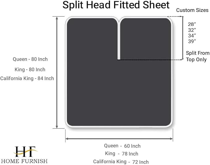 Top Split King Fitted Sheet Only for Adjustable beds, Split Down 28 inches from The Top, 600 Thread Count 100% Cotton Half Split Flex Head Fitted Sheet for Sleep Number Beds, Dark Grey