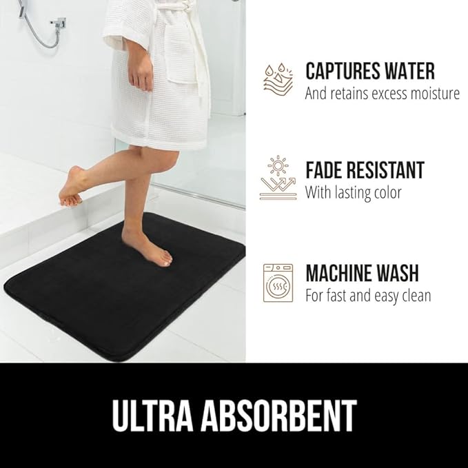 GORILLA GRIP Memory Foam Bath Mat, Soft Absorbent Velvet Bathroom Mats, Durable Dots on Underside, Machine Washable Bathmat, Carpet Rug Room Decor for Shower Tub Floor RV, 42x24 Rugs, Black