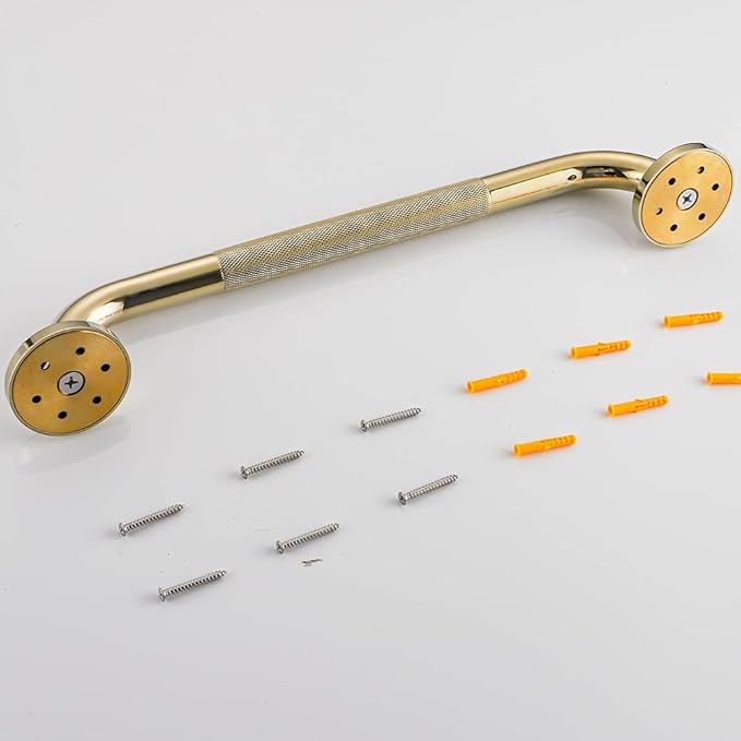 Textured Shower Grab Bar, 18-Inch Bathroom Support Rails, Stylish Anti-Slip Safety Armrest Hand Rail, Polished Gold Finish, Good for Senior, Kids, Elderly