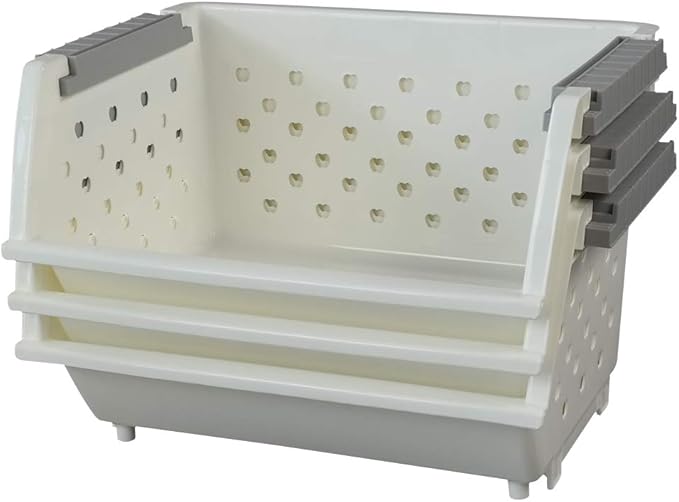 Fiaze 3-Pack White Plastic Kitchen Stackable Storage Baskets, Stackable Storage Bins Open Front for Pantry