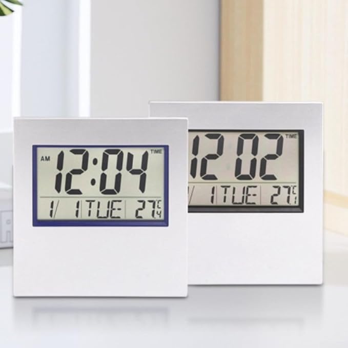 LCD Electronic Calendar Clock For Desk With Large Screen Display Of Time, Date, Temperature, Day, And Adjustable Alarm Settings