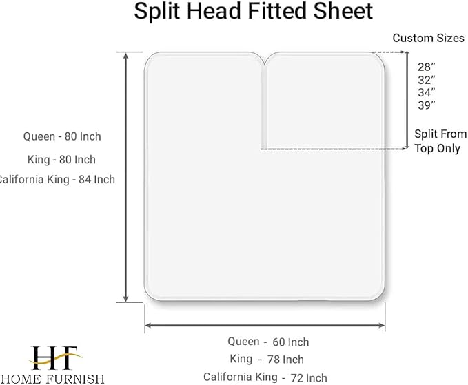 Top Split King Fitted Sheet Only for Adjustable beds, Split Down 32 inches from The Top, 600 Thread Count 100% Cotton Half Split Flex Head Fitted Sheet for Sleep Number Beds, White
