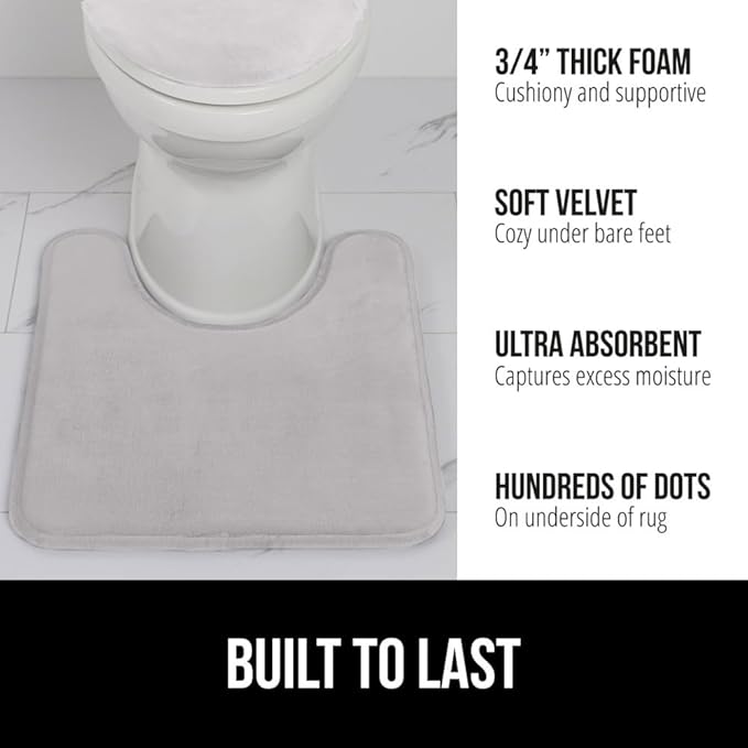 GORILLA GRIP Thick Memory Foam Toilet Rug for Bathroom, U Shaped Washable, Soft Absorbent Velvet Topside Floor Mats, Machine Wash, Cushioned Luxury Rugs for Bath Room, 22.5 x 19.5 Light Gray