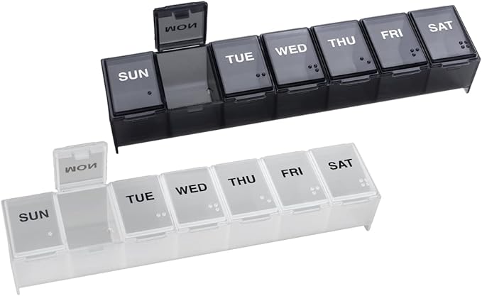 EZY DOSE Weekly (7-Day) Daily Pill Organizer, Vitamin Planner, and Medicine Container, Large Compartments, Easy to Open, Travel Friendly, Includes One Black and One White (2 Pack), Made in The USA