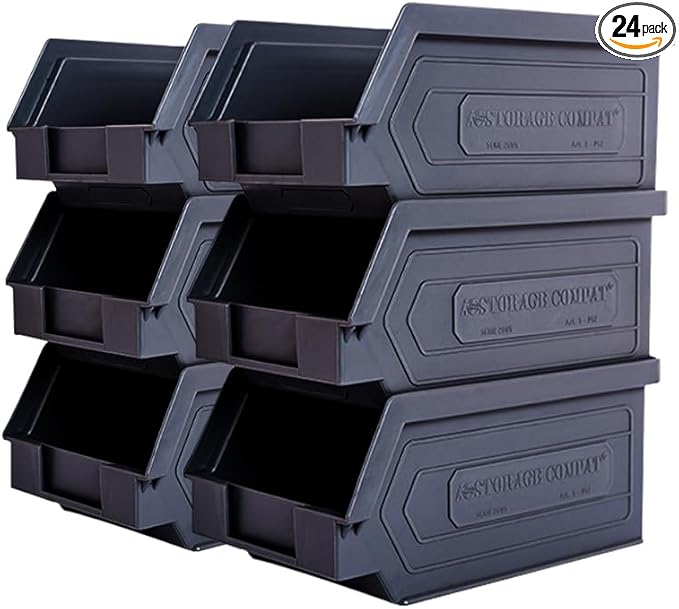 Plastic Storage Bins, Hanging, Stackable, Storage Organizer Bin for Warehouses, Workshops 7-Inch x 4-Inch x 3-Inch (Black, 6-Pack)