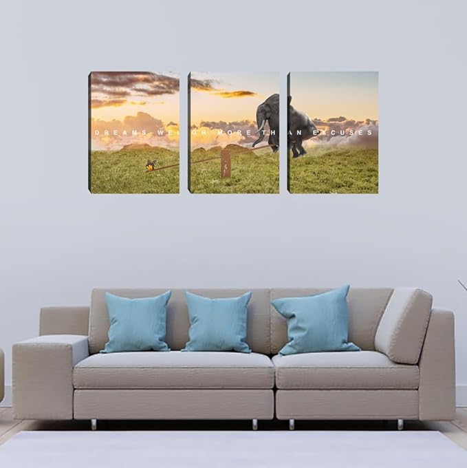 Motivational Canvas Wall Art Inspirational Quotes Poster Modern 3 Pieces Entrepreneur Office Wall Decoration Elephant Painting Decor for Bedroom Stretched and Framed Ready to Hang (36''Wx 16''H)