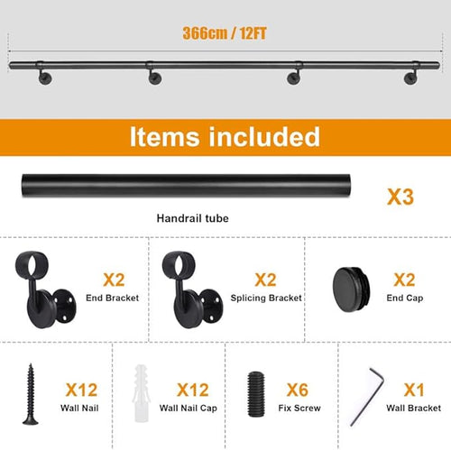12Ft Industrial Metal Stairs Handrail Kit, Sturdy Wall Mount Aluminum Hand Rail, Indoor Outdoor Stair Railing Wood Concrete Brick Wall,1.5 in Round Pipe Grab Bar, Matte Black-12FT