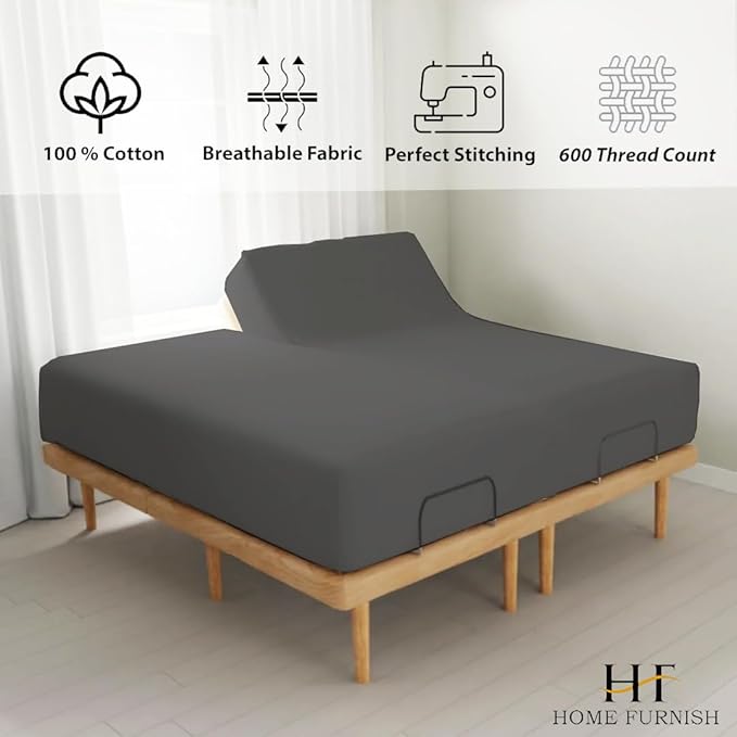 Top Split King Fitted Sheet Only for Adjustable beds, Split Down 28 inches from The Top, 600 Thread Count 100% Cotton Half Split Flex Head Fitted Sheet for Sleep Number Beds, Dark Grey