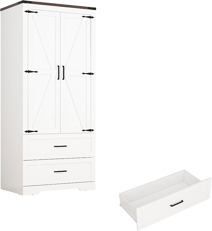 2 Doors Wardrobe Armoire Closet with Doors and Drawers, Farmhouse Wooden Armoire Storage Cabinet with Shelves & Hanging Rod for Bedroom, White