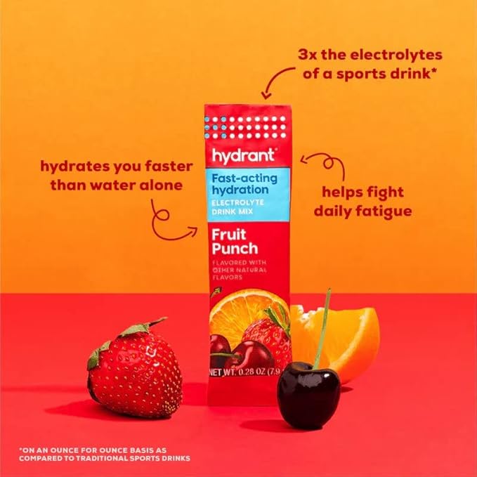 Hydrant - Hydrate Electrolyte Powder, Fruit Punch Flavor, 30 Rapid Hydration Individual Stick Packs - Low Sugar Drink Mix for Daily Use, Travel & Workouts