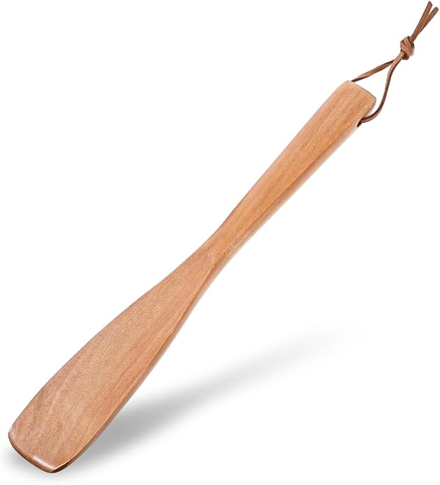 Wooden Shoe Horn,Long Handled Shoe Horn for Seniors,9.84" Retro Wood Shoehorn Long-handle for Women Kids with Leather Lanyard,Long Shoehorn Helper for Seniors & Pregnant,Wood Color