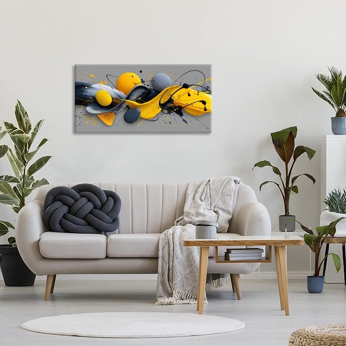 Yellow Abstract Splash Pigment Wall Art for Bedroom Canvas Painting Prints Dynamic Art Deco Gray Vibrant Artwork Office Family Decor