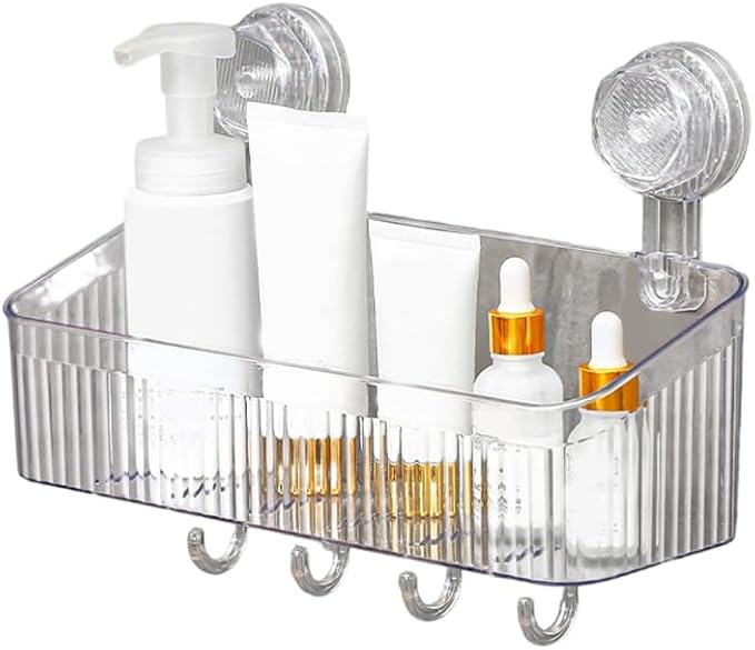 No-Drill Bathroom Suction Storage Box, Corrugated Suction Cup Wall Organizer, Removable Hanging Storage Basket with Strong Hold, Acrylic Shower Caddy for Bathroom (Clear M)