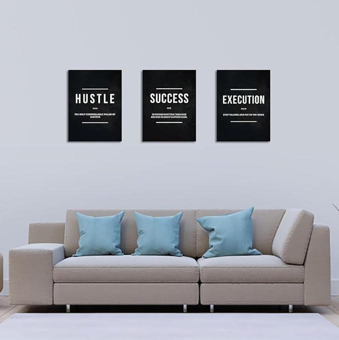 Unbruvo Hustle Success Execution Wall Art for Office, Inspirational Motivational Wall Decor, 3 Pieces Positive Quotes Canvas Wall Art for Entrepreneur Living Room Bedroom(36''Wx 16''H)