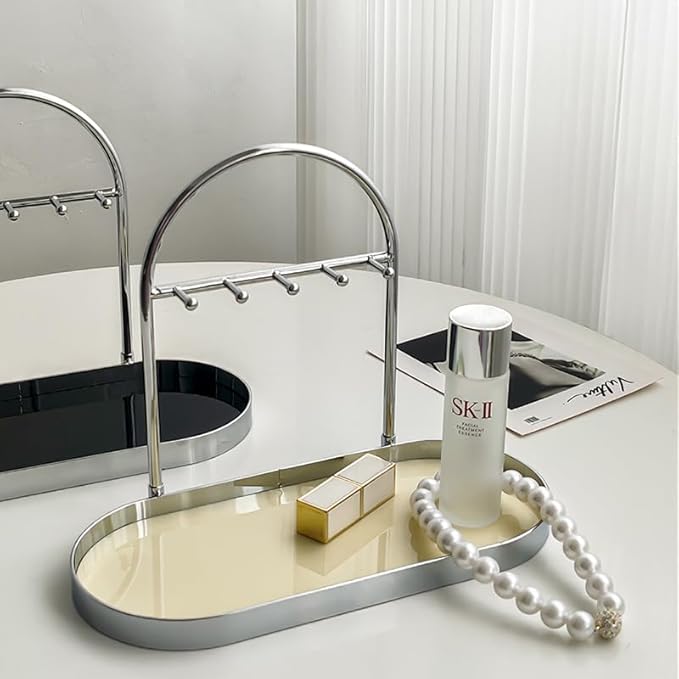 Shinpuru Metal Jewelry Organizer Stand & Key Holder Tray with Acrylic Base, Key Stand and Jewelry Tray with 5 Hooks, Perfect Key Bowl, Valet Key Tray, Ring Holder, Jewelry Dish (Silver Creamy)