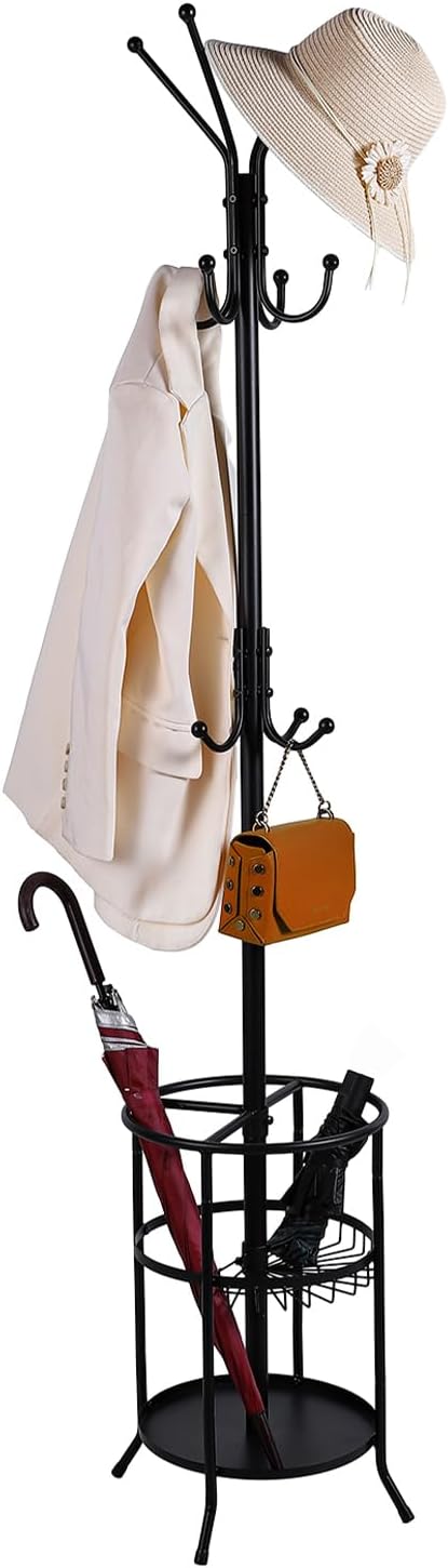 Metal Coat Rack Freestanding Coat Rack with Umbrella Stand, Black Coat Tree with 12 Hooks for Clothes Hats Bags, Modern Coat Hanger Stand for Entryway Living Room Bedroom Office Use