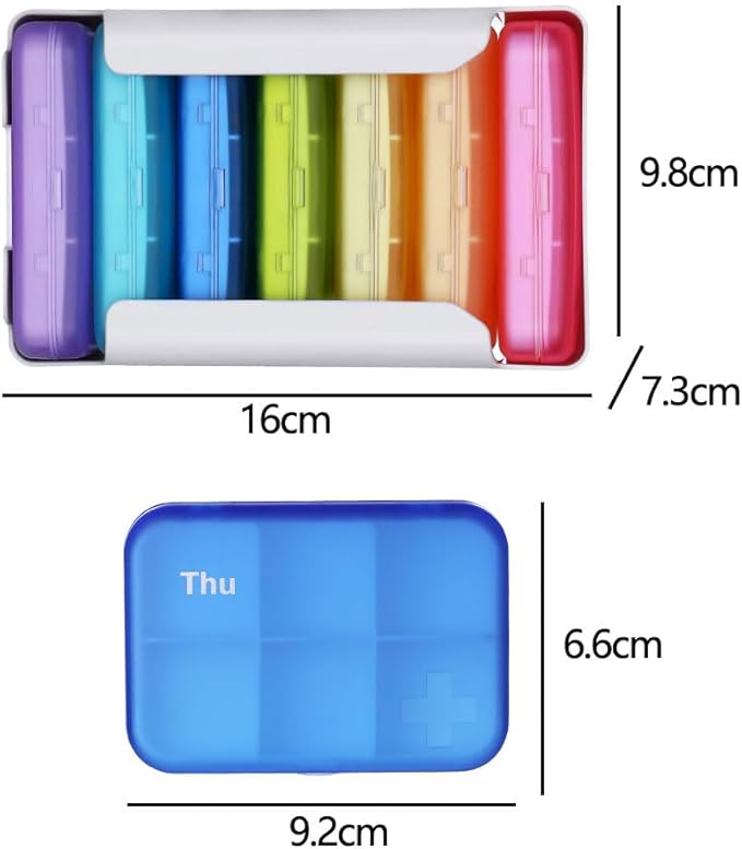 7 Piece Set Pill Organizer 6 Times a Day, Weekly Pill Case, Pill Organizer with Labels, Travel Pill Dispenser 7 Day with 42 Copartments for Medication/Vitamin/Fish Oil/Supplements - Rainbow Colors