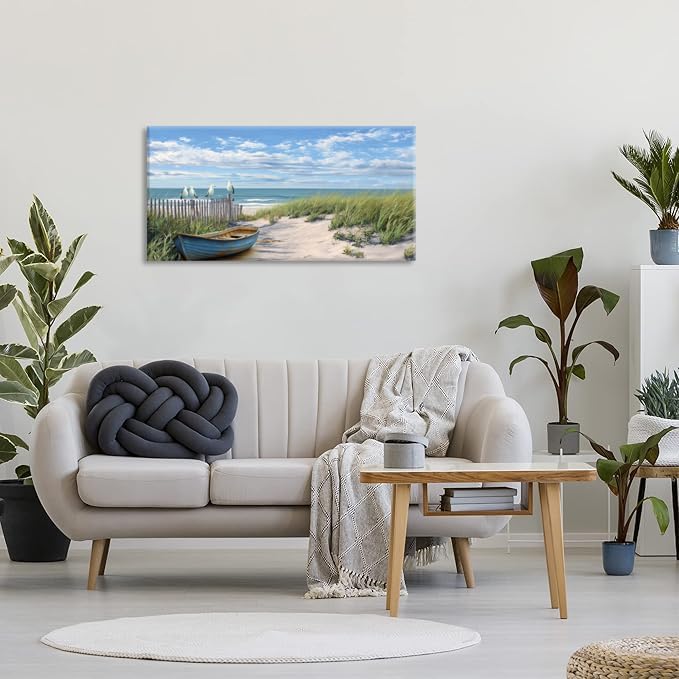 Coastal Blue Seascape Beach Sail Boat Wall Art for Living Room Office Scenic Landscape Art Deco Green Painting Prints Nature Summer Canvas Artwork Over The Couch Bedroom Decor