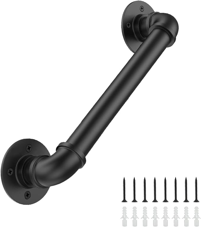 2FT Industrial Stair Railing Wall Mount Staircase Handrail φ1.3 Pipe Hand Rail for Steps Grab Bar Foot Rail Vintage Pipe Railing Black Deck Handrail for Outdoor Indoor Stairs Porch