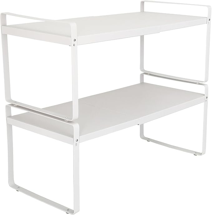 Set of 2 Expandable Cabinet Shelf Organizer, White Kitchen Countertop Shelves, Stackable Metal Pantry Storage Organizer for Cupboard, Spice Rack