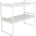 Set of 2 Expandable Cabinet Shelf Organizer, White Kitchen Countertop Shelves, Stackable Metal Pantry Storage Organizer for Cupboard, Spice Rack
