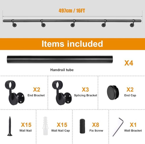 16Ft Industrial Metal Stairs Handrail Kit, Sturdy Wall Mount Aluminum Hand Rail, Indoor Outdoor Stair Railing Wood Concrete Brick Wall,1.5 in Round Pipe Grab Bar, Matte Black-16FT
