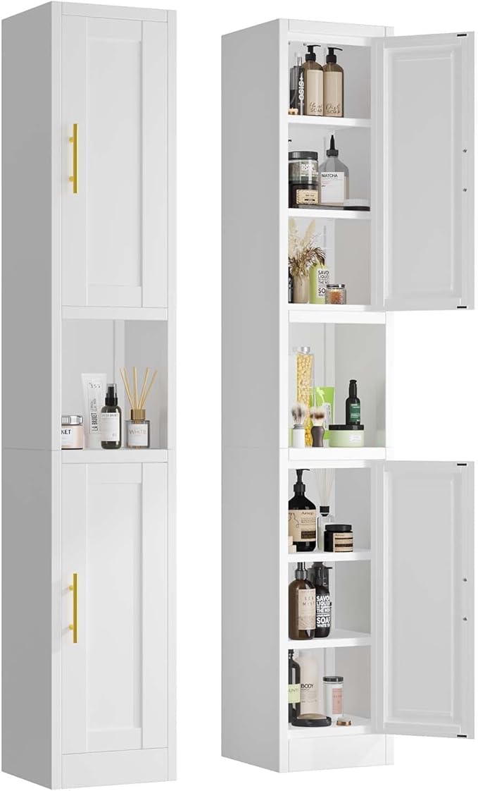 67" Tall Narrow Storage Cabinet Metal Bathroom Cabinet with 2 Doors & 4 Adjustable Shelves, Standing Pantry Cabinets Cupboard for Kitchen, Dining Room, Living Room and Bathroom (White)