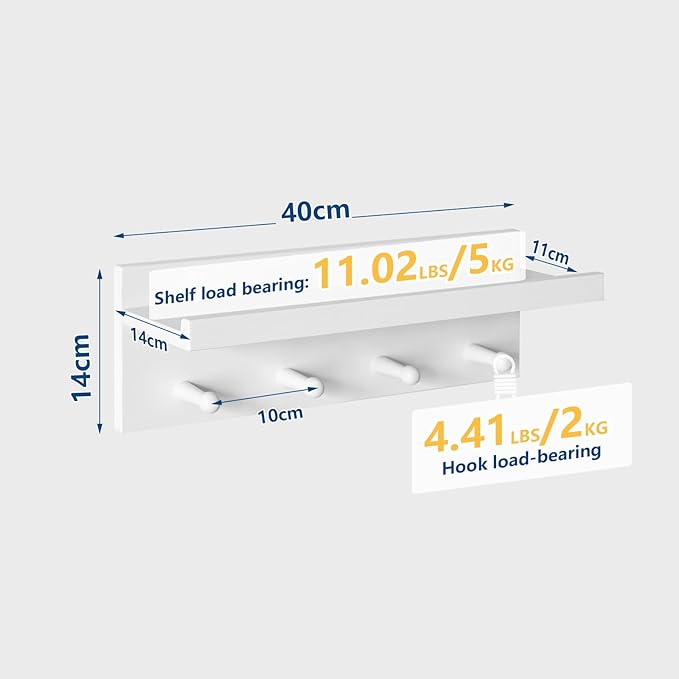 Wood Coat Hook with Wall-Mounted Shelf,15.75in Entryway Wall Hanging Shelf, for Bathroom, Kitchen, Coat Towel Key Organizer White YD-WS0240W