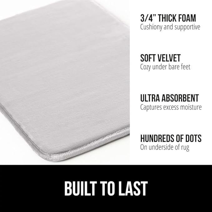 GORILLA GRIP Memory Foam Bath Rugs, Soft Absorbent Velvet Bathroom Mats, Durable Dots on Underside, Machine Washable Bathmat, Carpet Rug Room Decor for Shower Floor, 24x17 Mat, Light Gray